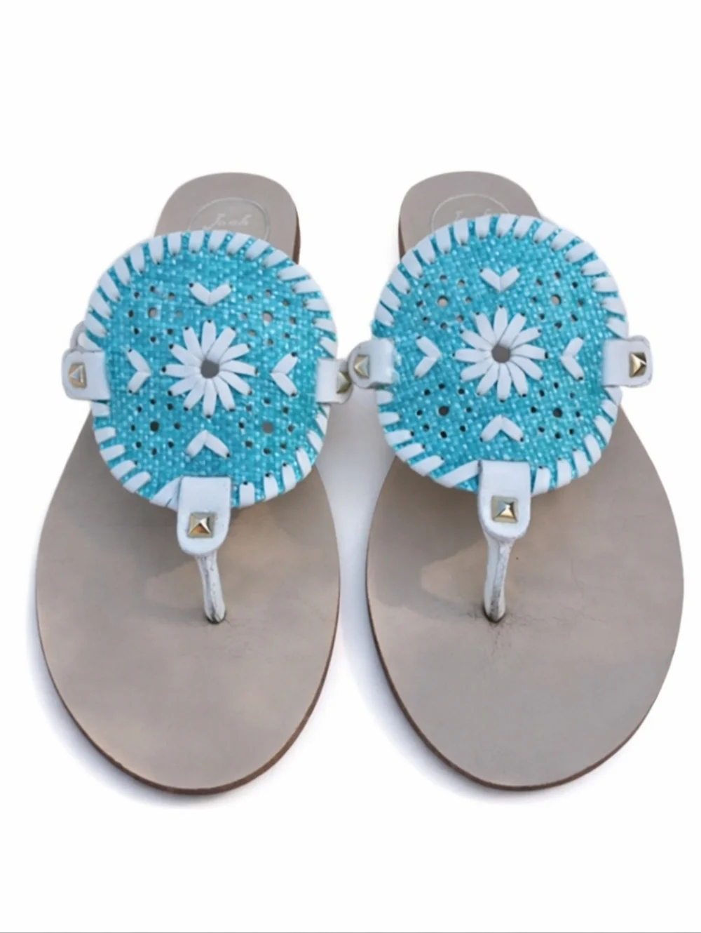 Jack Rogers Blue Turquoise Medallion Sandals Size 9 Coastal Preppy Chic - Picture 3 of 9